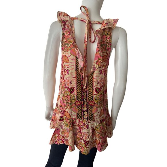 Free People Women's Floral Sleeveless Ruffle Linen Blend Tunic Top Open Back New - Picture 4 of 8